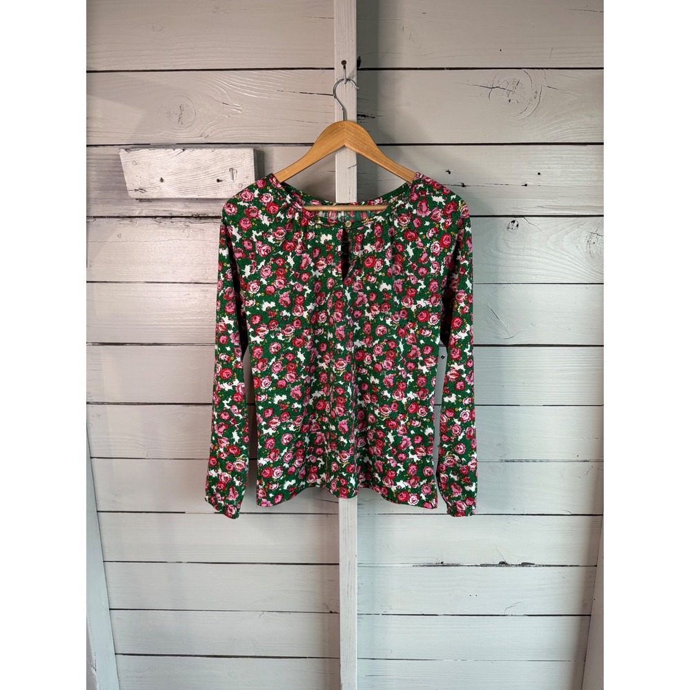 Floral Long Sleeve Keyhole Blouse Green Pink Rose Print Top